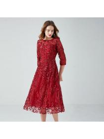 Retro Elegant Plus size European style Banquet dress Red dress 