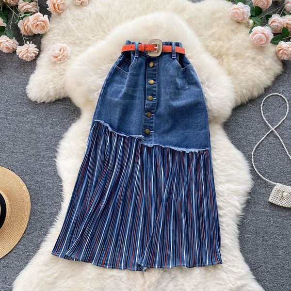 Fashion Matching chiffon pleated stitching denim skirt spring slim irregular mid-length skirt