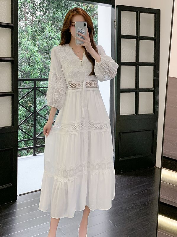 Korean style V collar Holiday Beach White Dress