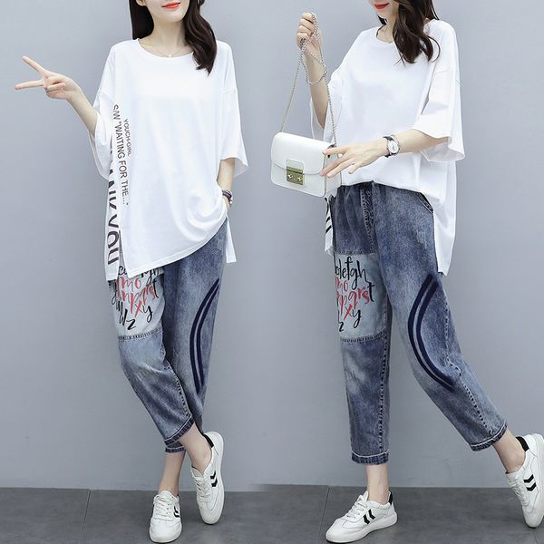 Fashion style Cotton Tshirt Wide leg Jeans 2 pcs set