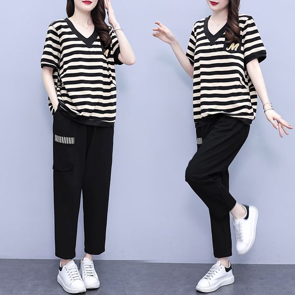 Korean style Plus size Stripe V collar Tshirt Wide leg pants 2 pcs set