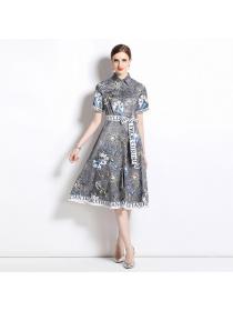 European style Summer Fashion Matching Printed Dress (with belt)