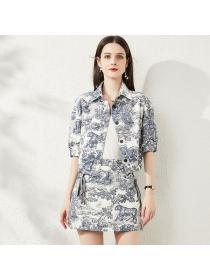 ink printed lapel temperament coat + high-waisted skirt 100% cotton suit