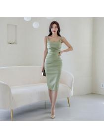 Korean style Summer Green Slim Square collar Pleated dress 