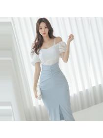Korean style Summer Pinched waist Hip-full 2 pcs dress 