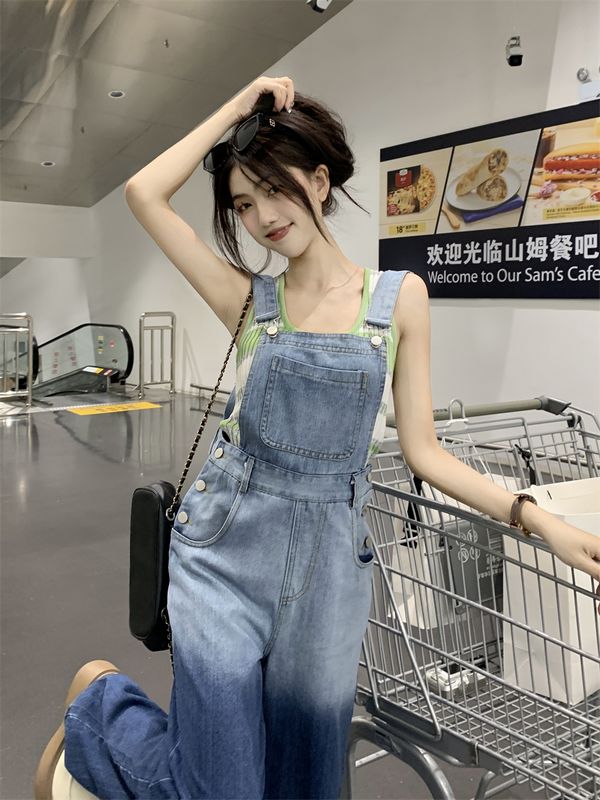 Retro straight denim suspenders +Matching striped color knitted vest