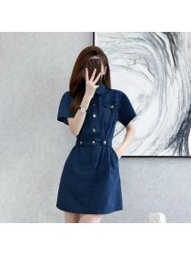 Korean style Summer Retro Solid color A-line dress 