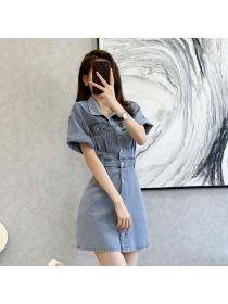 Korean style Summer Retro Casual High waist Denim dress 