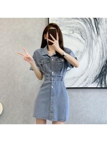 Korean style Summer Retro Casual High waist Denim dress 