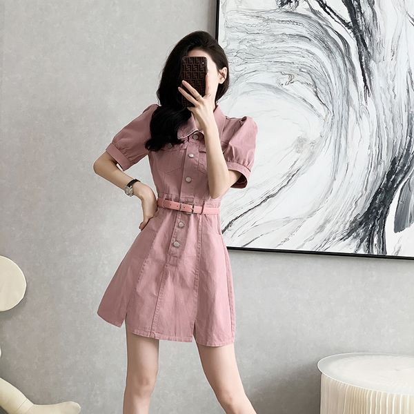 Korean style Summer Pink Puff sleeve High waist Denim dress