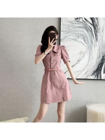 Korean style Summer Pink Puff sleeve High waist Denim dress 