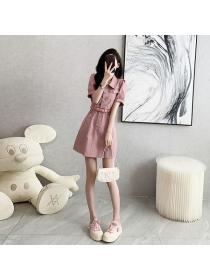 Korean style Summer Pink Puff sleeve High waist Denim dress 