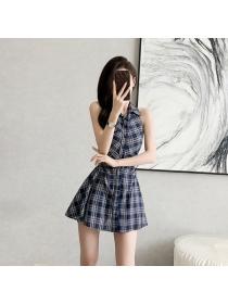 Korean style Summer Sleeveless High waist Plaid A-line dress 