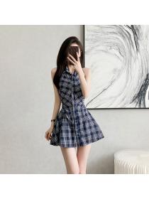 Korean style Summer Sleeveless High waist Plaid A-line dress 