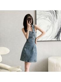Korean style Summer Sleeveless High waist Halter neck Denim dress 