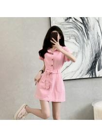 Korean style Summer Short sleeve High waist Denim Pink dress 