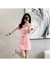 Korean style Summer Short sleeve High waist Denim Pink dress 
