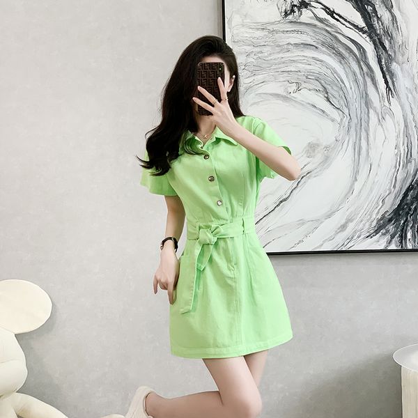 Korean style Summer Short sleeve High waist Green Denim dress