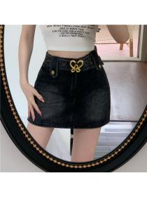 Korean style Bow metal buckle washed high-waisted denim skirt