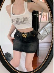 Korean style Bow metal buckle washed high-waisted denim skirt