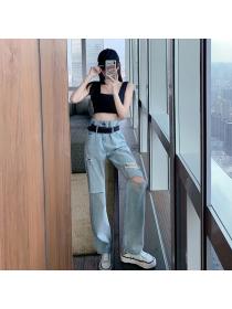 Korean style Chic Retro Matching Loose Holes pants