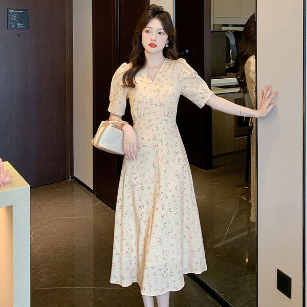 Korean style short sleeve Chiffon Puff sleeve Floral dress