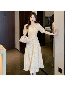 Korean style short sleeve Chiffon Puff sleeve Floral dress 