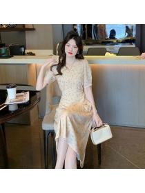 Korean style short sleeve Chiffon Puff sleeve Floral dress 