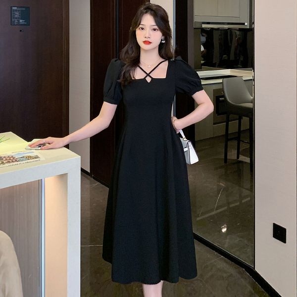 Korean style short sleeve Elegant Square neck dress