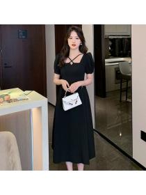 Korean style short sleeve Elegant Square neck dress