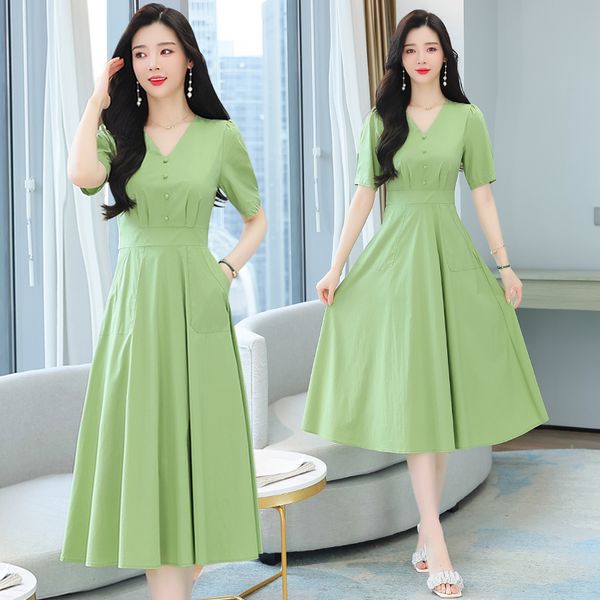 Korean style short sleeve Green Elegant A-line dress