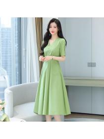 Korean style short sleeve Green Elegant A-line dress 