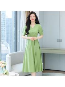 Korean style short sleeve Green Elegant A-line dress 