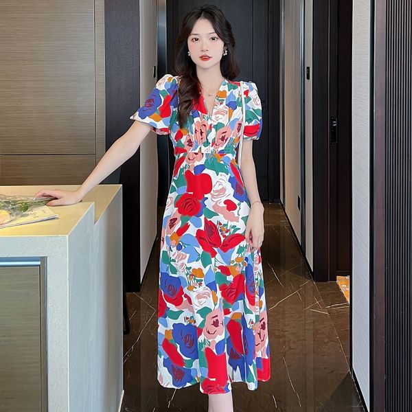 Korean style Retro V collar Puff sleeve Printed Dress