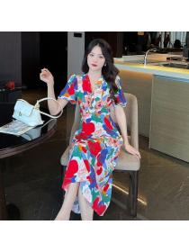 Korean style Retro V collar Puff sleeve Printed Dress 
