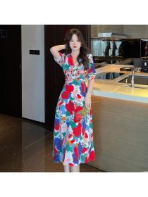 Korean style Retro V collar Puff sleeve Printed Dress 