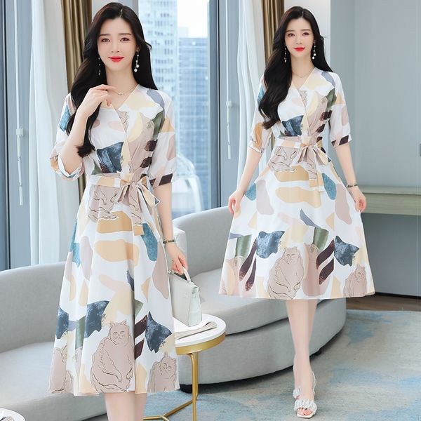 Korean style Summer V collar Elegant Short sleeve dress