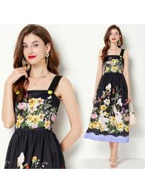 European style Summer Sleeveless Printed High waist A-line dress 