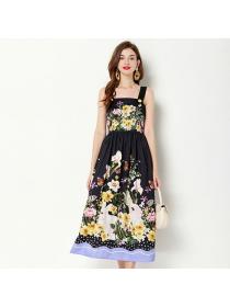European style Summer Sleeveless Printed High waist A-line dress 