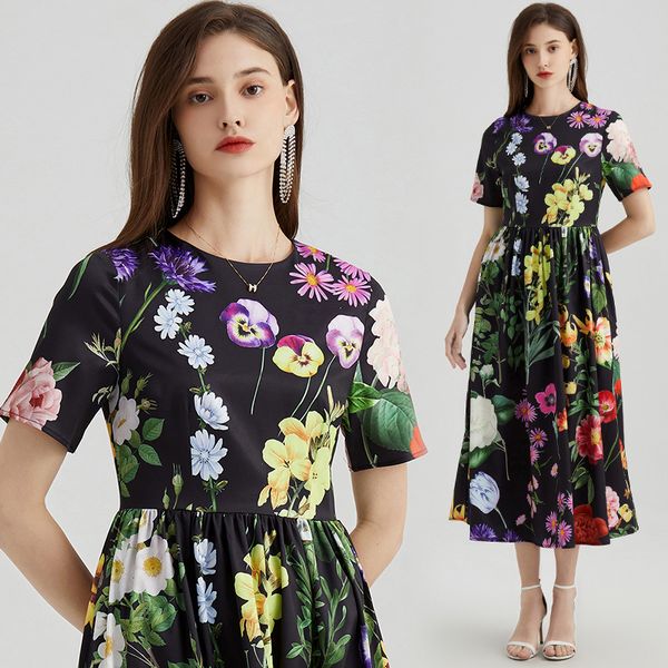 European style Summer Fashion Flower Printed High waist A-line dress
