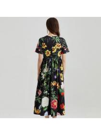 European style Summer Fashion Flower Printed High waist A-line dress 
