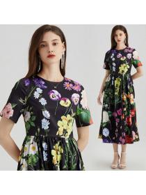 European style Summer Fashion Flower Printed High waist A-line dress 