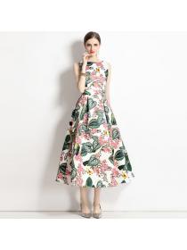 European style Summer Sleeveless High waist A-line Printed dress 
