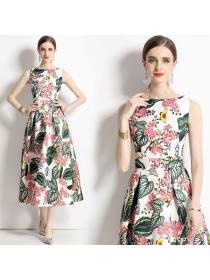 European style Summer Sleeveless High waist A-line Printed dress 