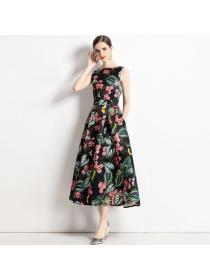 European style Summer Sleeveless High waist A-line Printed Long dress 