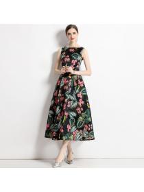 European style Summer Sleeveless High waist A-line Printed Long dress 