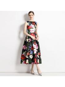 European style Summer Sleeveless High waist A-line Flower Printed Long dress 