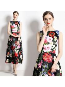 European style Summer Sleeveless High waist A-line Flower Printed Long dress 