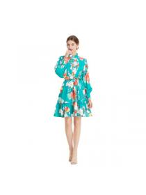 European style Stand collar Puff sleeve Printed Dress 
