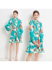 European style Stand collar Puff sleeve Printed Dress 